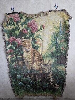 VTG Tapestry Cats 68×48 Throw Kitten Blanket Signed Picken 1996